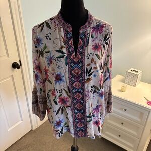 🌸 Johnny Was Pink Floral Tunic 🌸 Embroidered Collar, 3/4 Sleeve Size M